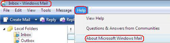 Title bar highlighted. Help button highlighted and active, displays dropdown. About Microsoft Windows Mail highlighted.