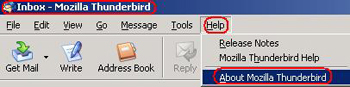 Title bar highlighted. Help button highlighted and active, displays dropdown. About Mozilla Thunderbird highlighted.