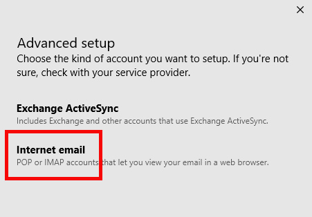 Advanced Setup menu. Options for Exchange ActiveSync and Internet Email. Internet Email is highlighted.