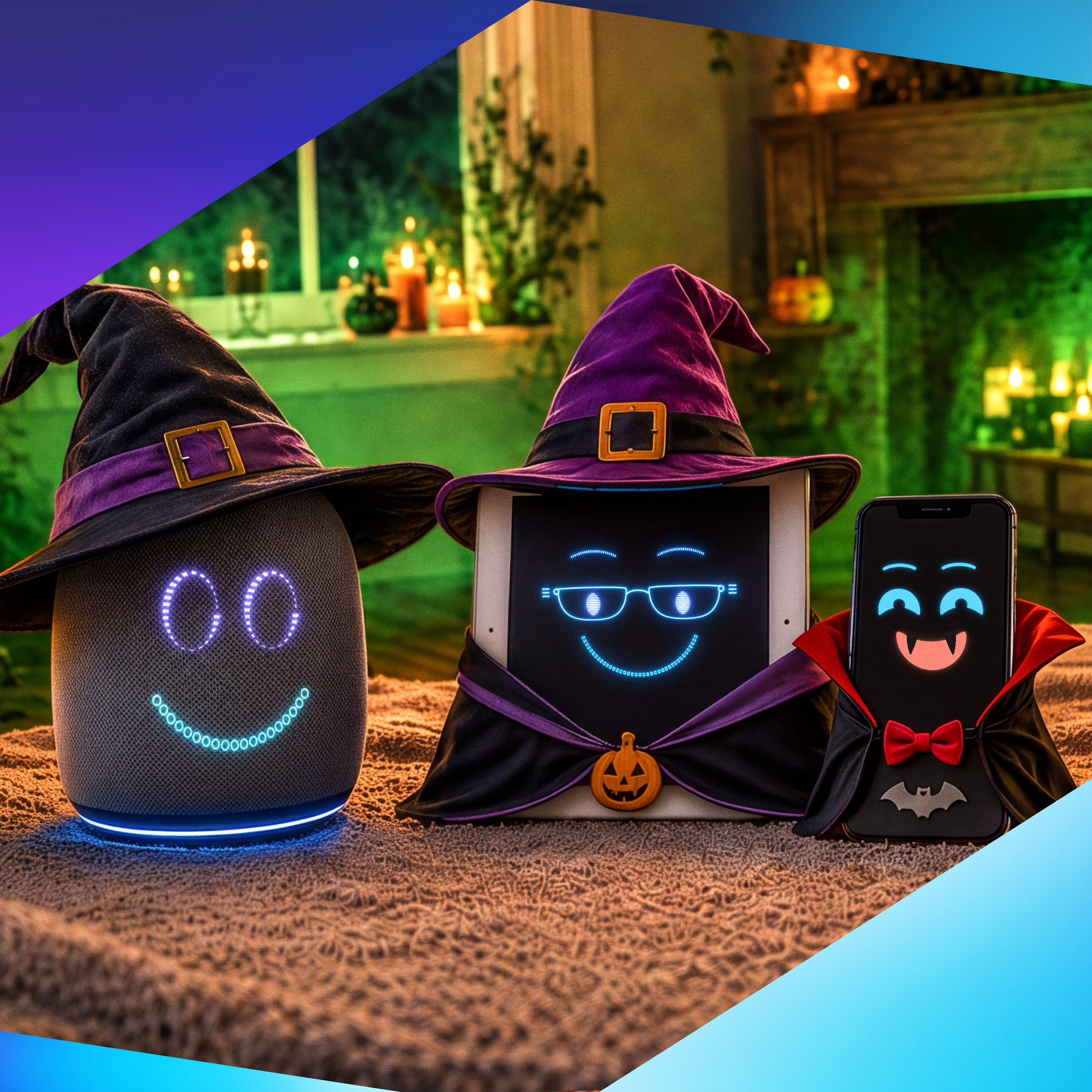Three smiling smart devices—a speaker, tablet, and phone—wear purple witch hats and capes in a glowing Halloween room, creating a playful mood.