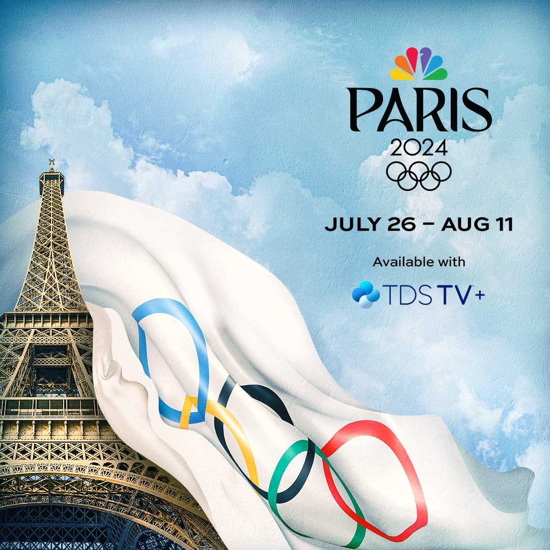 Eiffel Tower with Olympic flag wrapping around it, Paris 2024 Olympics July 26 - Aug 11 available with TDS TV+