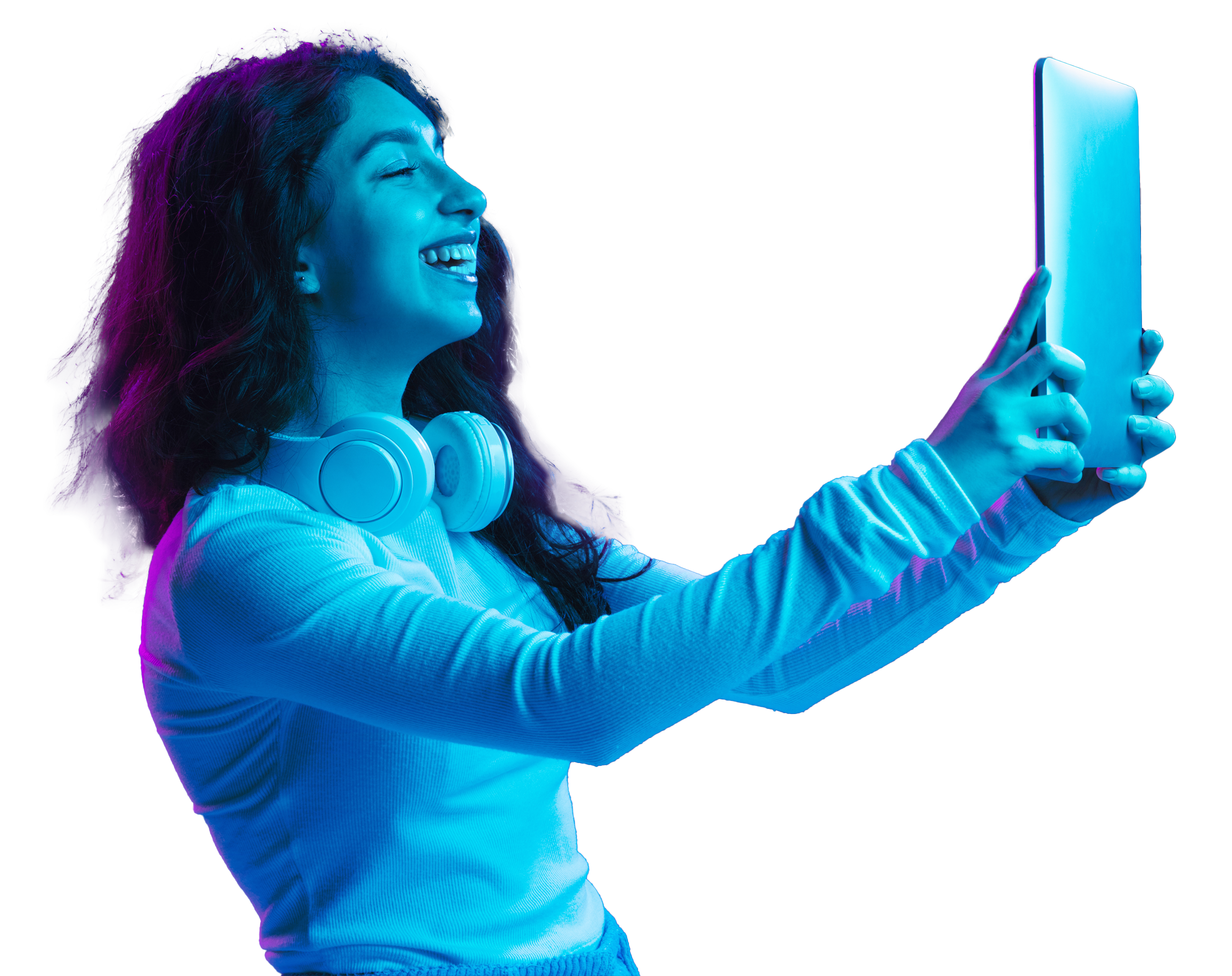 girl smiling holding up tablet