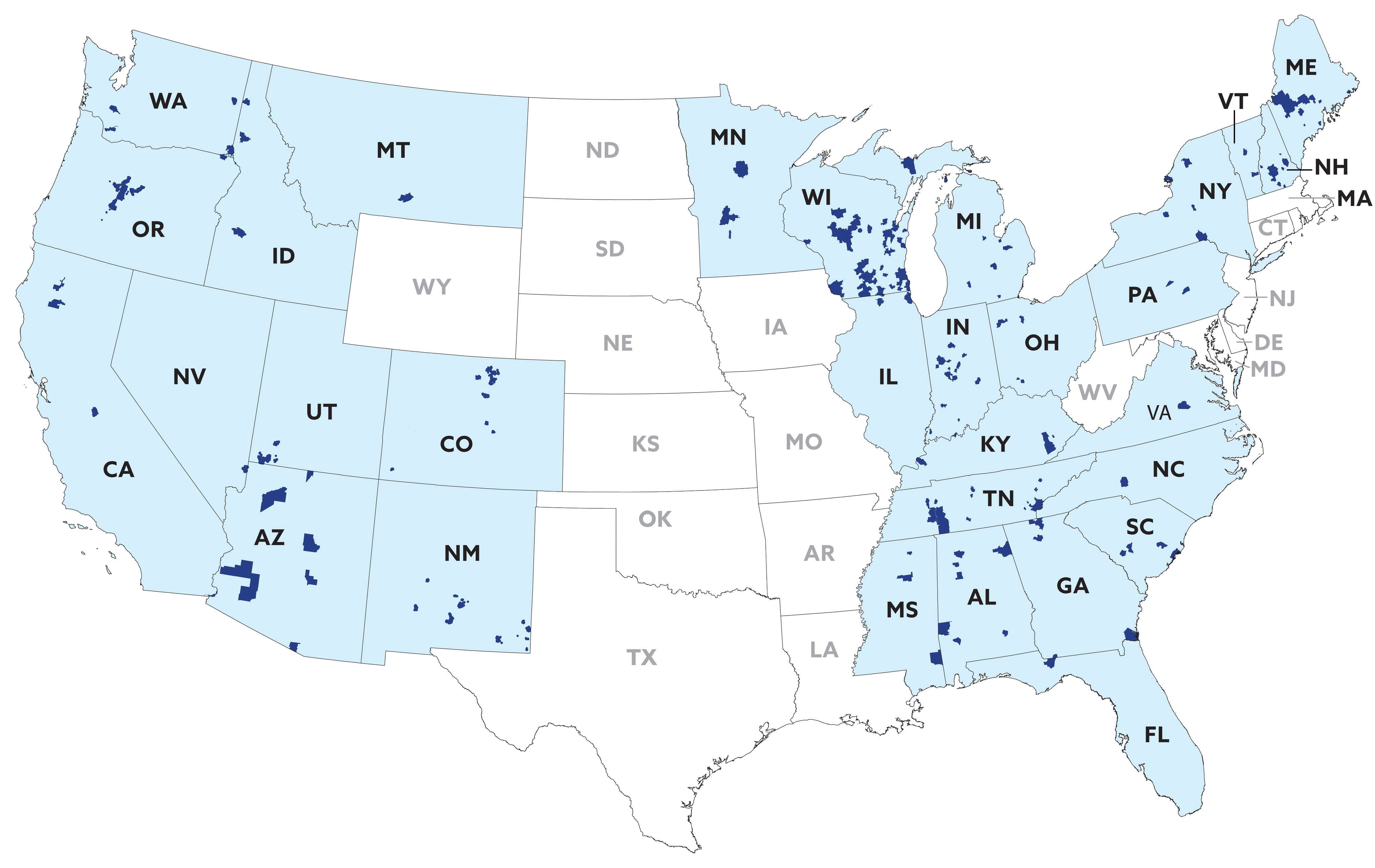 Map showing locations served in the US.