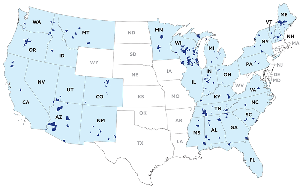 Map showing locations served in the US.