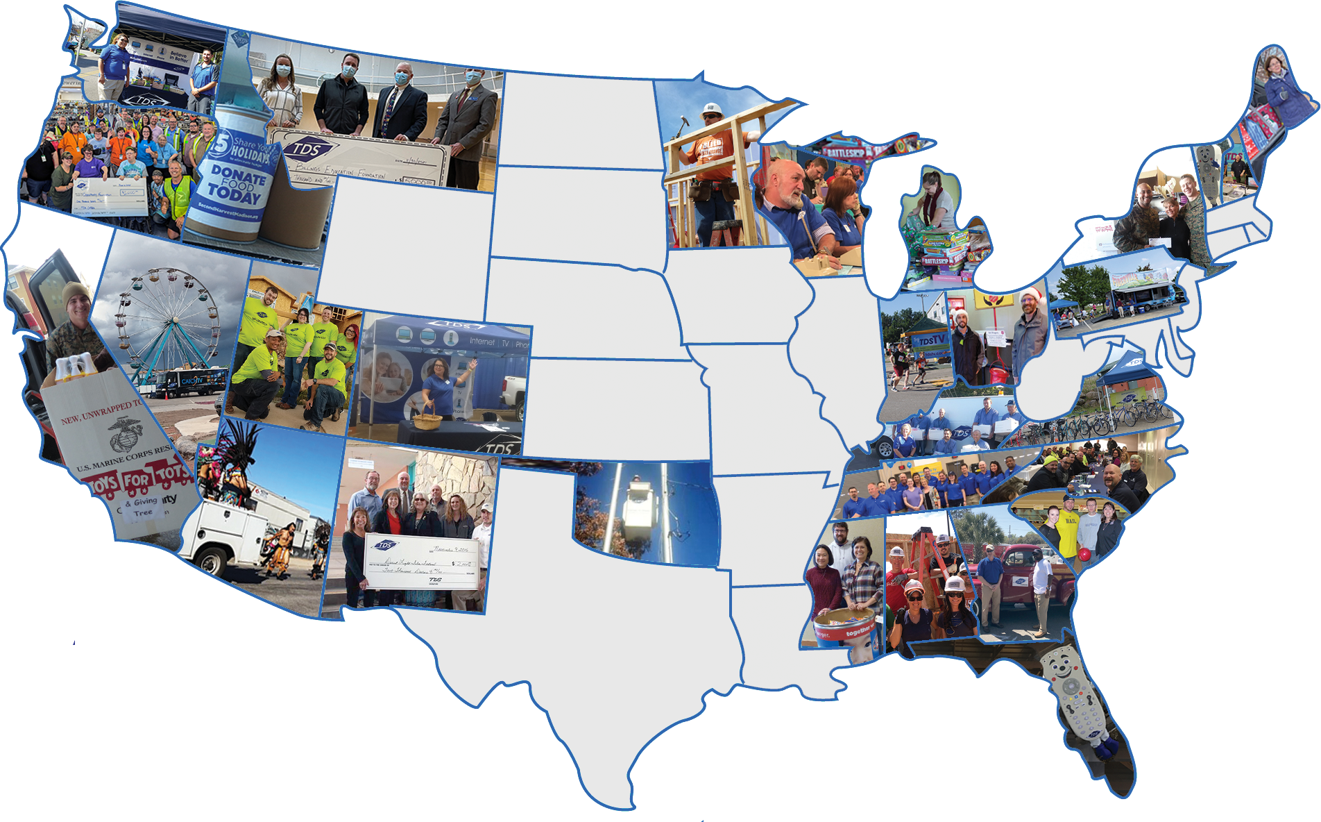 USA map with cropped photographs of community involvement activities inside the outline of each state serviced by TDS