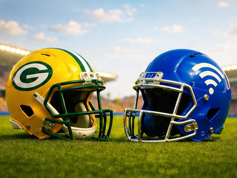Image of a Green Bay Packers helmet and a blue helmet with a wifi symbol