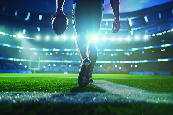 Football player walking on an empty football field holding a football