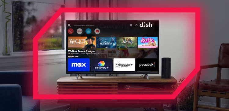 Flat screen tv showing dish network homescreen showing a list of tv shows and favorite apps