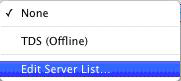 Dropdown menu selected with option for Edit Server List highlighted.
