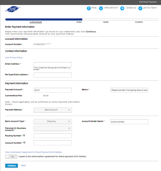 Payment information screen