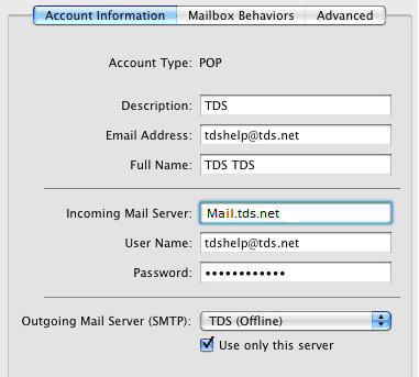 Account Information tab selected. Incoming Mail Server field highlighted and populated with Mail.tds.net.