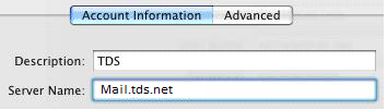 Account Information tab selected. Server Name field highlighted and populated with Mail.tds.net.