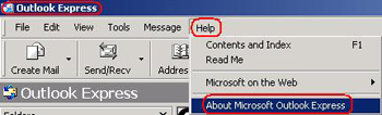 Title bar highlighted. Help button highlighted and active, displays dropdown. About Microsoft Outlook Express highlighted.