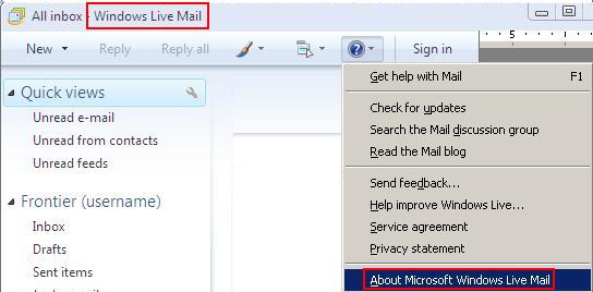 Title bar highlighted. Question Mark icon selected, displays dropdown. About Microsoft Windows Live Mail highlighted.