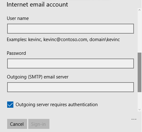 Scroll bar part way down. Fields for User name, Password, and Outgoing (SMTP) email server. Checked box next to first option.