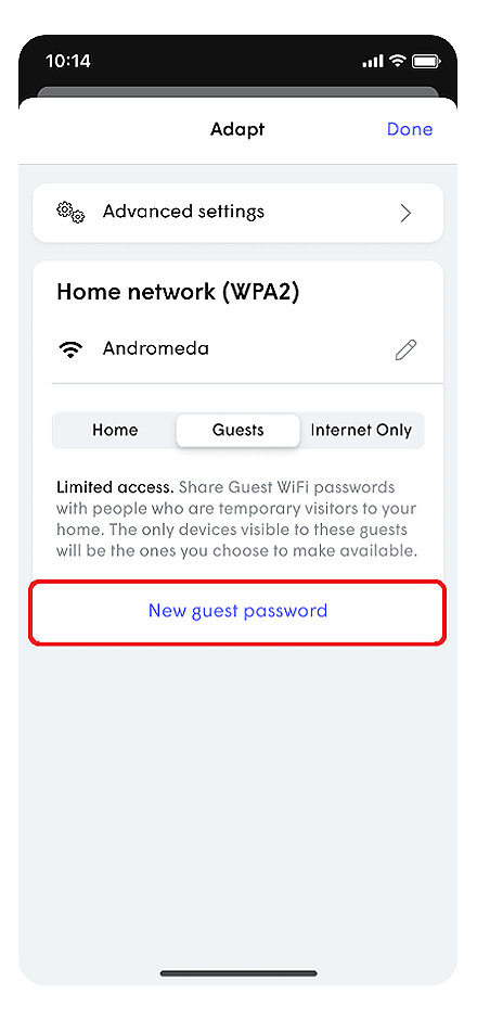 Adapt settings screen with New guest password outlined in red