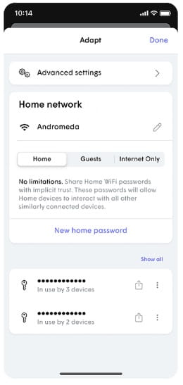 Mobile screen displaying a WiFi settings interface. It shows the home network 'Andromeda' with options for home, guest, and internet-only modes.