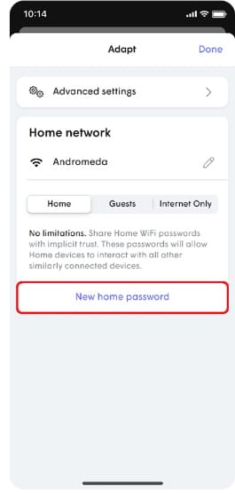 Mobile screen displaying WiFi settings for 'Home network' named Andromeda with options for home, guest, and internet-only, and setting a new home password.