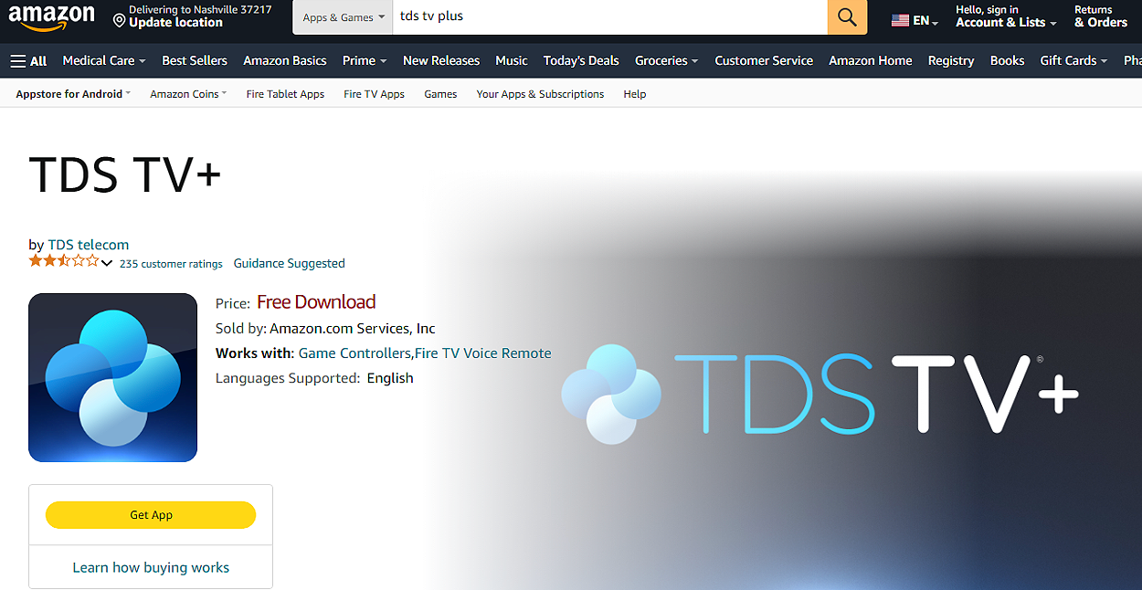 Aamzon App Store with preview of TDS TV+ app