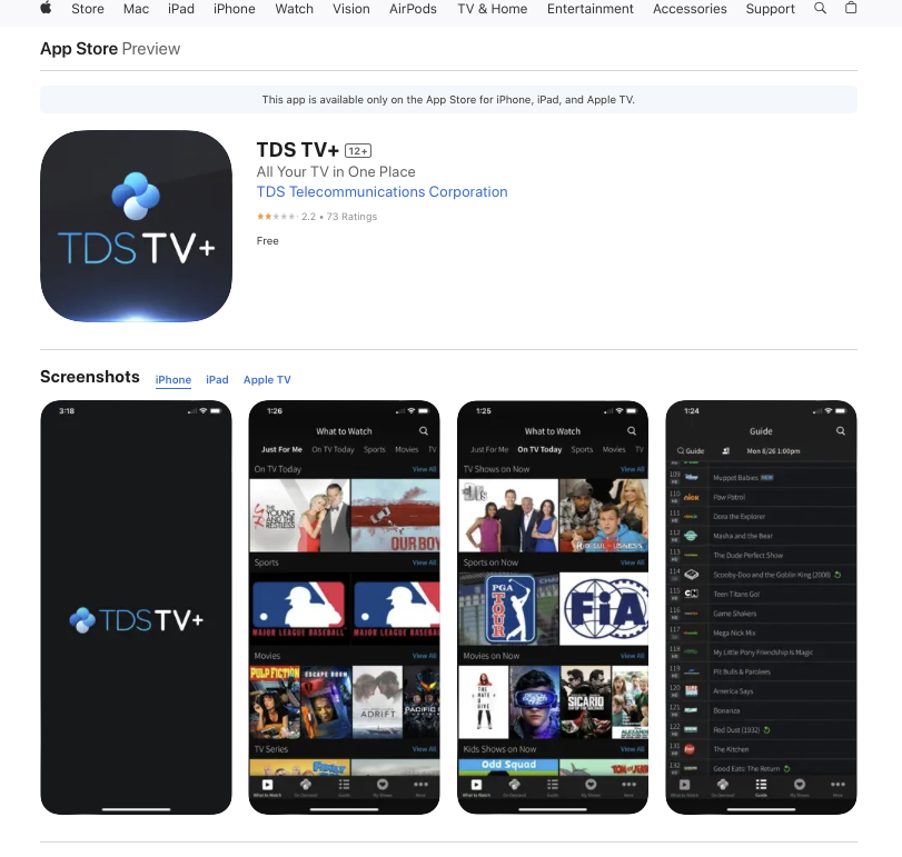 Apple App Store with preview of TDS TV+ app