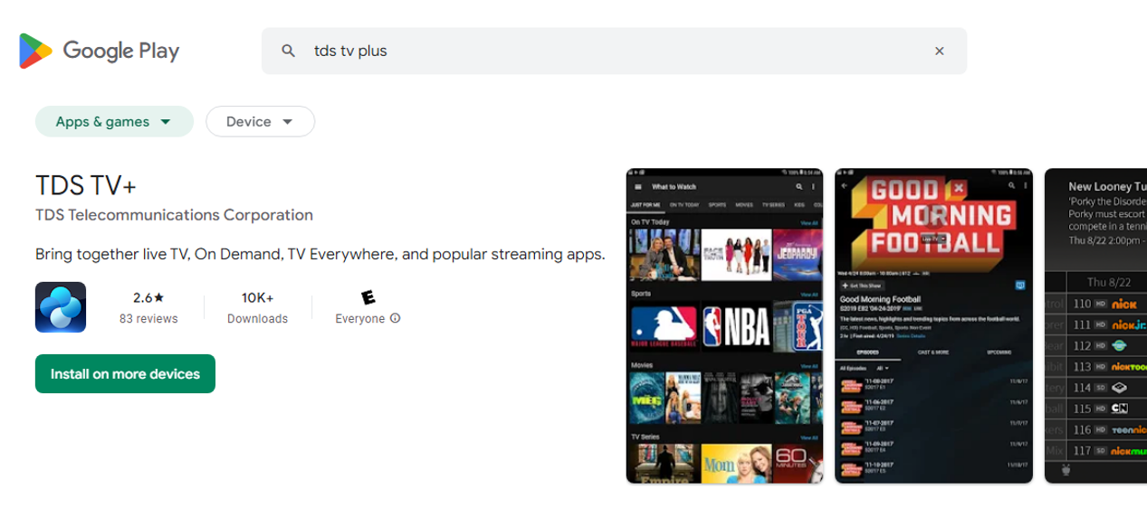 Google Play App Store with preview of TDS TV+ app