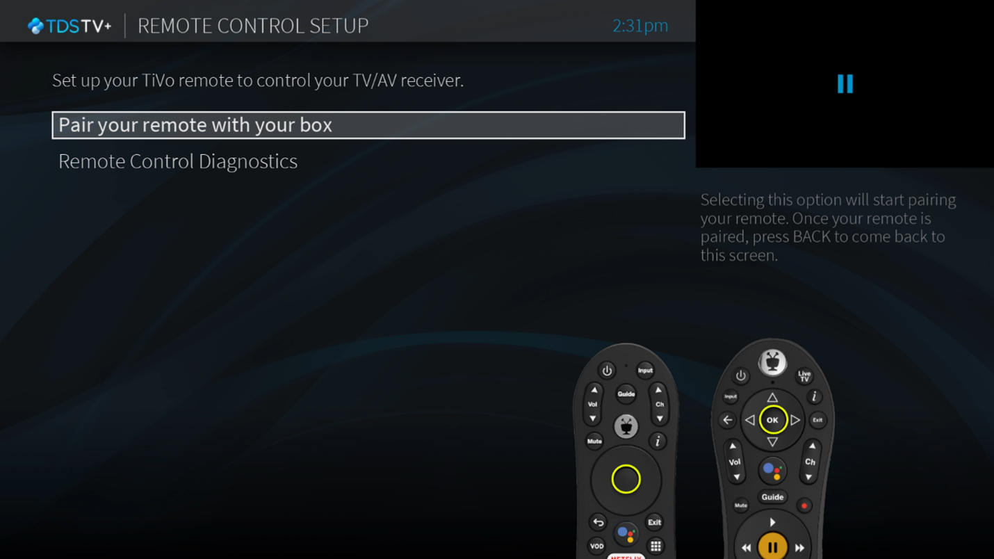 TDS TV+ Screen with option Pair your remote with box and Remote Control Diagnostics