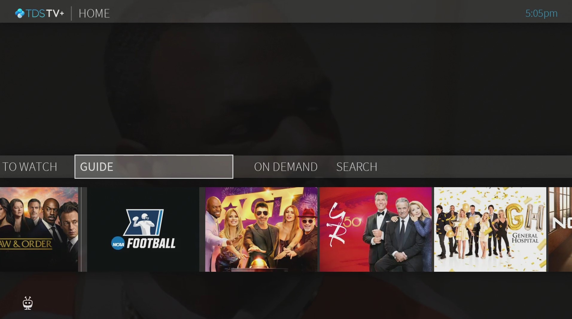 Homescreen of TDS TV+ app on TV