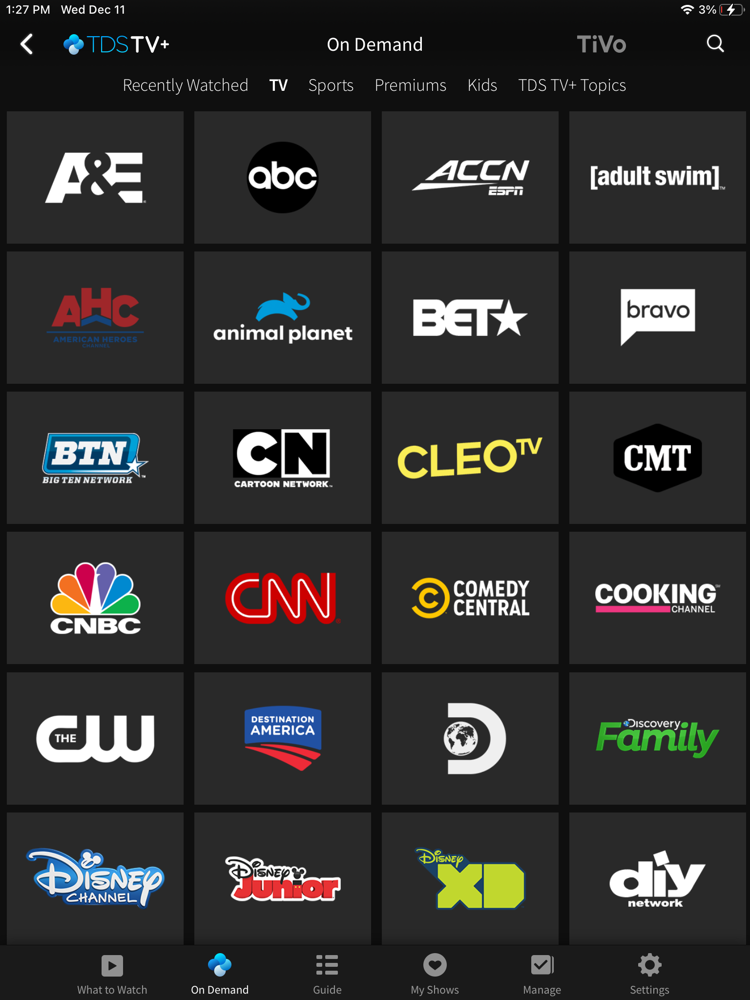 On Demand page with networks in TDS TV+ app