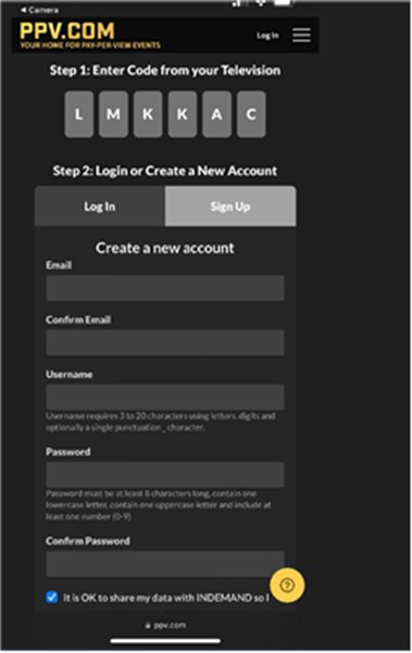 Phone screen for logging in or signing up for a PPV.com account